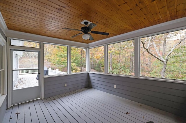 unfurnished sunroom with wood ceiling and ceiling fan