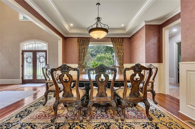 51 Mountain Ridge Dr SE, Cartersville, GA 30120 - dining space with dark wood finished floors, wainscoting, ornamental molding, and french doors