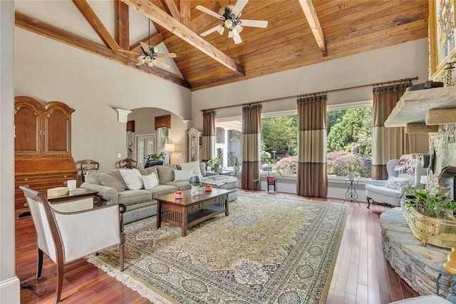 51 Mountain Ridge Dr SE, Cartersville, GA 30120 - living room featuring a ceiling fan, arched walkways, a wooden ceiling with exposed beams, high vaulted ceiling, and wood-type flooring