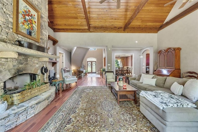 51 Mountain Ridge Dr SE, Cartersville, GA 30120 - living area with a wood ceiling with exposed beams, arched walkways, wood finished floors, ceiling fan, and high vaulted ceiling