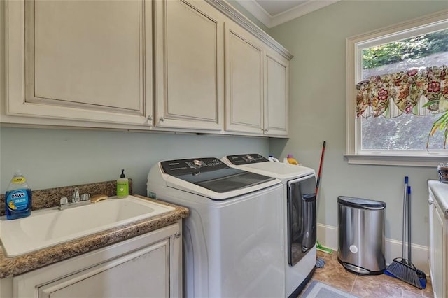 51 Mountain Ridge Dr SE, Cartersville, GA 30120 - laundry room featuring washer and dryer, cabinet space, ornamental molding, and light tile patterned floors