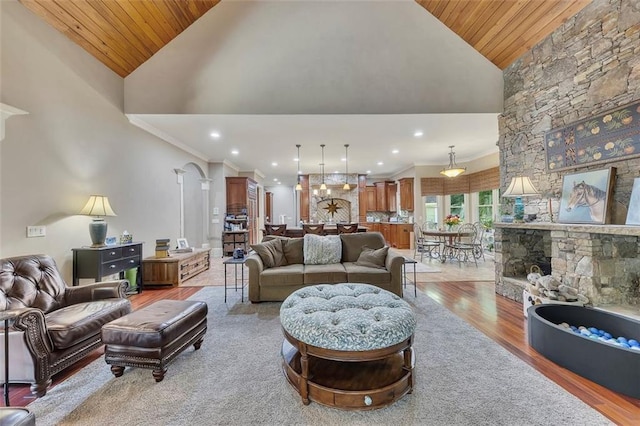 51 Mountain Ridge Dr SE, Cartersville, GA 30120 - living area with wooden ceiling, light wood-type flooring, high vaulted ceiling, a fireplace, and recessed lighting