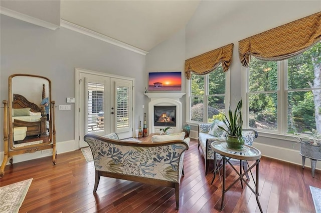 51 Mountain Ridge Dr SE, Cartersville, GA 30120 - living area with crown molding, plenty of natural light, high vaulted ceiling, and wood-type flooring