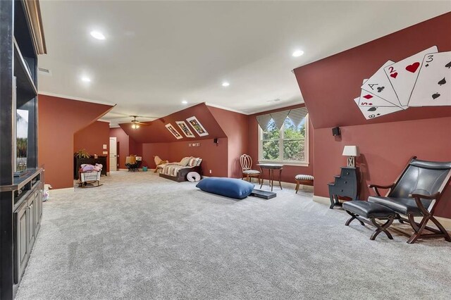 51 Mountain Ridge Dr SE, Cartersville, GA 30120 - carpeted cinema featuring recessed lighting, ceiling fan, and vaulted ceiling