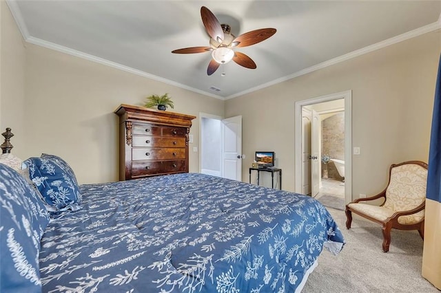 51 Mountain Ridge Dr SE, Cartersville, GA 30120 - bedroom featuring carpet, ornamental molding, ceiling fan, and ensuite bathroom