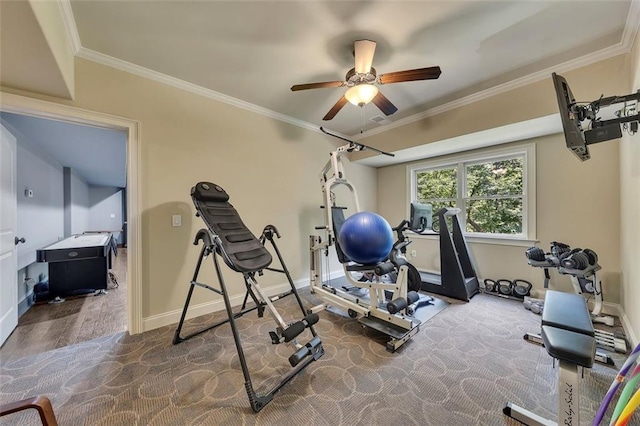 51 Mountain Ridge Dr SE, Cartersville, GA 30120 - workout room featuring ceiling fan, crown molding, wood finished floors, and carpet flooring