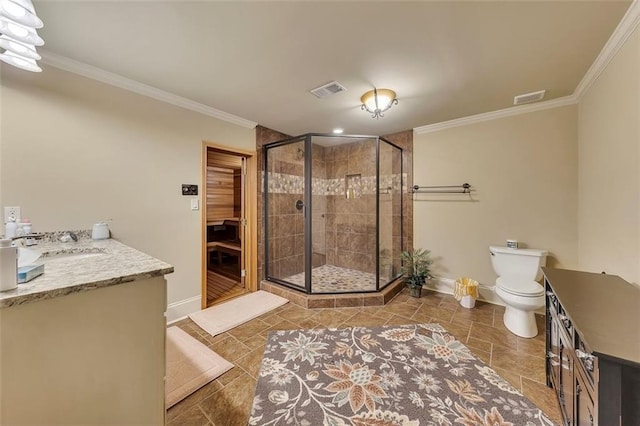 51 Mountain Ridge Dr SE, Cartersville, GA 30120 - full bathroom featuring ornamental molding, vanity, a shower stall, and tile patterned flooring