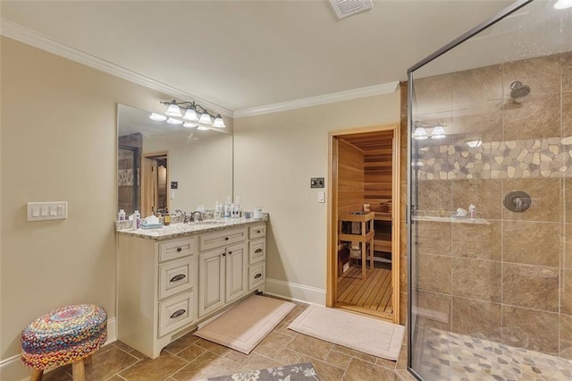 51 Mountain Ridge Dr SE, Cartersville, GA 30120 - bathroom with vanity, a stall shower, and crown molding