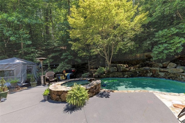 51 Mountain Ridge Dr SE, Cartersville, GA 30120 - swimming pool with an in-ground hot tub, a patio, and a wooded view