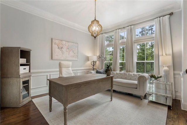 home office featuring ornamental molding, dark hardwood / wood-style floors, and a chandelier