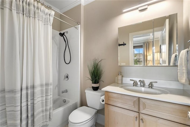 full bathroom featuring vanity, ornamental molding, shower / bath combination with curtain, and toilet