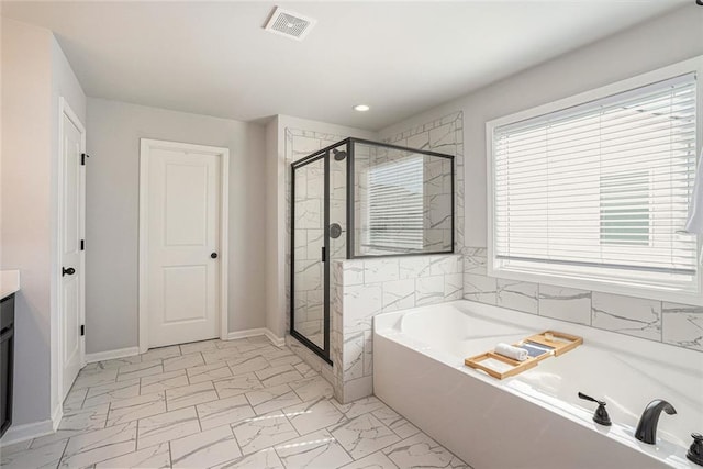 bathroom featuring a stall shower, visible vents, marble finish floor, vanity, and a bath