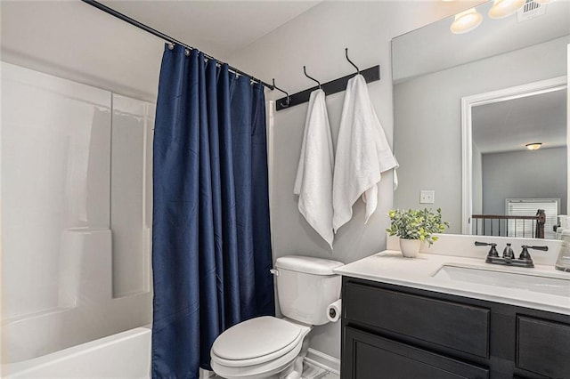 full bathroom featuring toilet, visible vents, shower / bath combo with shower curtain, and vanity