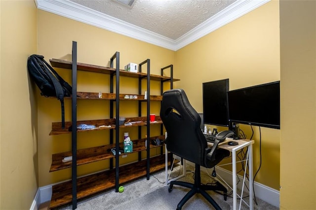 office space featuring ornamental molding, carpet, baseboards, and a textured ceiling