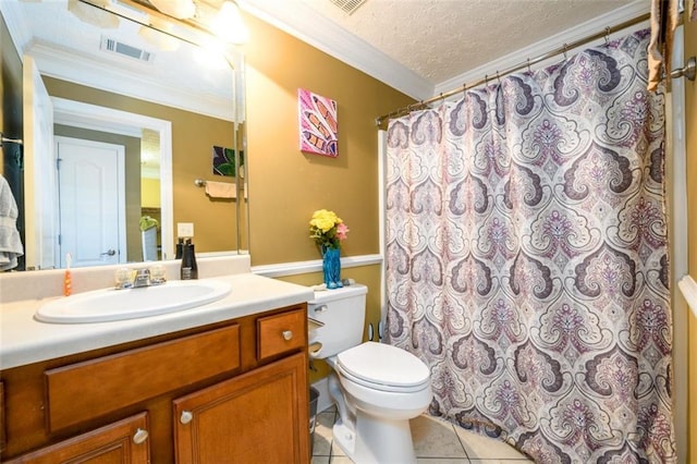 full bath featuring toilet, vanity, ornamental molding, tile patterned floors, and a textured ceiling