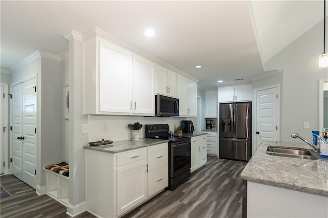 kitchen with sink, white cabinetry, stainless steel fridge with ice dispenser, dark hardwood / wood-style flooring, and electric stove