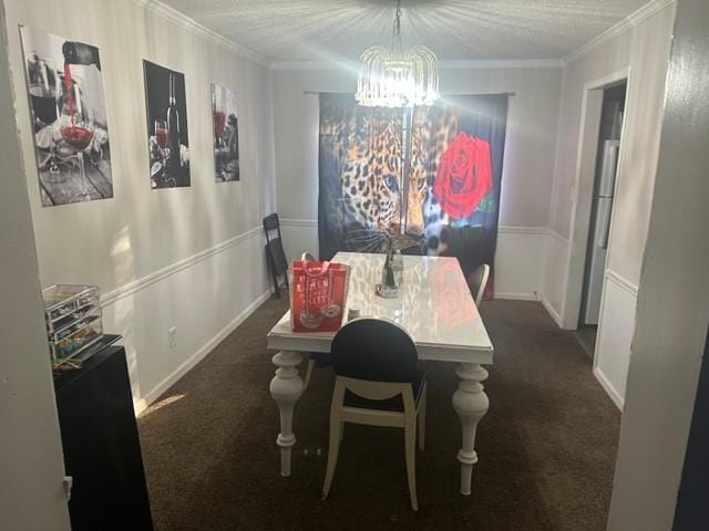 dining area featuring ornamental molding, an inviting chandelier, and dark carpet