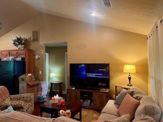 living area with vaulted ceiling and visible vents