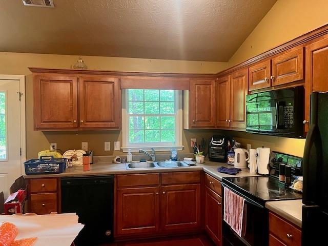 kitchen featuring a sink, vaulted ceiling, black appliances, and a wealth of natural light