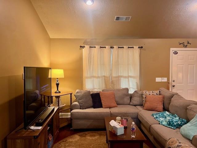 living room featuring visible vents and lofted ceiling