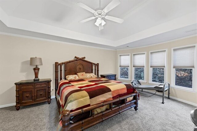 carpeted bedroom featuring a raised ceiling, ceiling fan, and crown molding