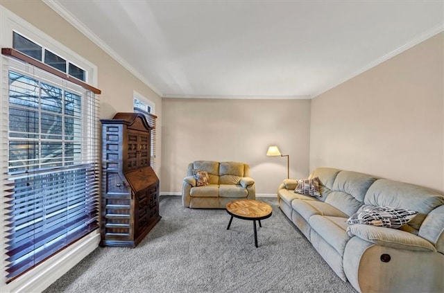 living room featuring carpet floors and ornamental molding