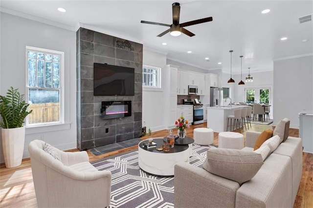 living room featuring a tiled fireplace, ceiling fan, light hardwood / wood-style flooring, and ornamental molding