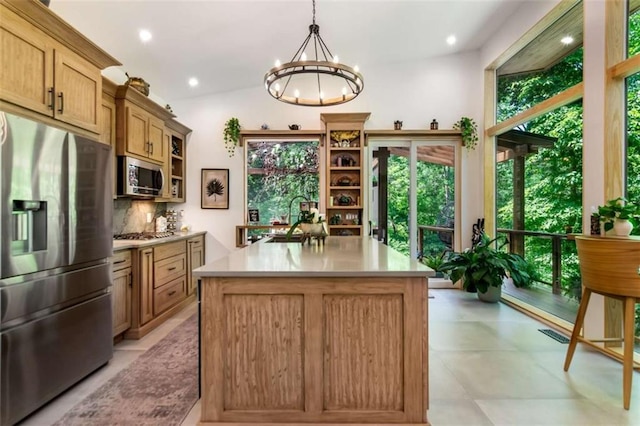 303 Clarice Ln, Sautee Nacoochee, GA 30571 - kitchen with stainless steel appliances, open shelves, light countertops, a chandelier, and recessed lighting