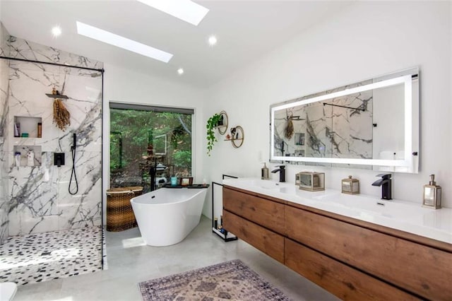 303 Clarice Ln, Sautee Nacoochee, GA 30571 - full bathroom with a marble finish shower, a skylight, a freestanding bath, double vanity, and vaulted ceiling