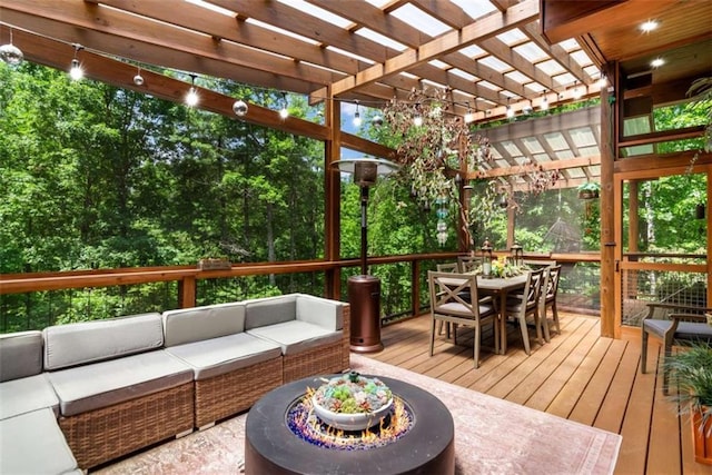 303 Clarice Ln, Sautee Nacoochee, GA 30571 - wooden deck featuring an outdoor hangout area, outdoor dining area, and a pergola