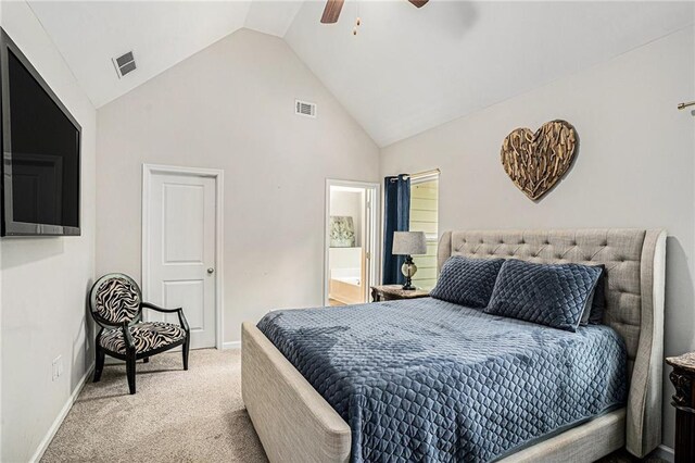 bedroom featuring carpet floors, baseboards, high vaulted ceiling, and visible vents