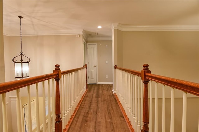 corridor featuring dark wood-type flooring and ornamental molding