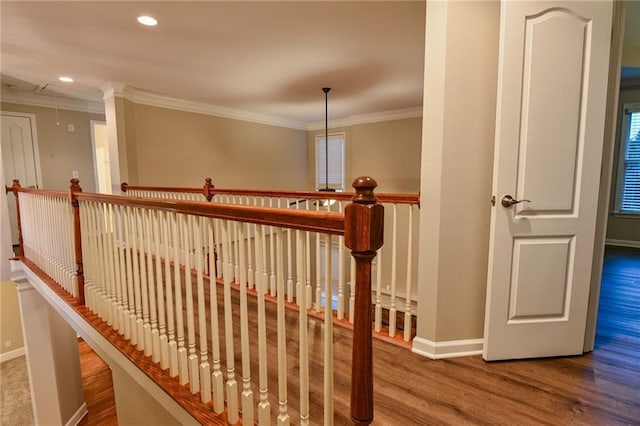 stairs with ornamental molding and wood-type flooring