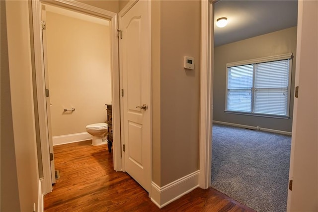 hallway with dark wood-type flooring