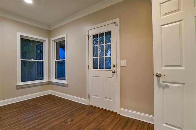 doorway with dark wood-type flooring and ornamental molding