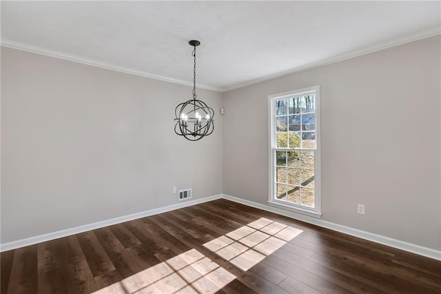 unfurnished dining area with a notable chandelier, visible vents, baseboards, dark wood-style floors, and crown molding