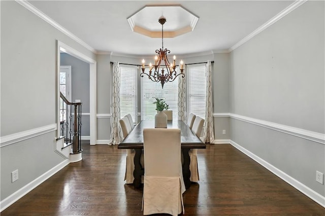 5807 Brookstone Walk NW, Acworth, GA 30101 - dining space with a chandelier, dark wood-type flooring, stairs, and ornamental molding