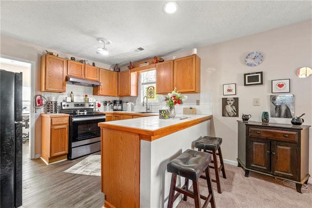 kitchen featuring tasteful backsplash, a peninsula, stainless steel range with electric stovetop, under cabinet range hood, and a kitchen bar