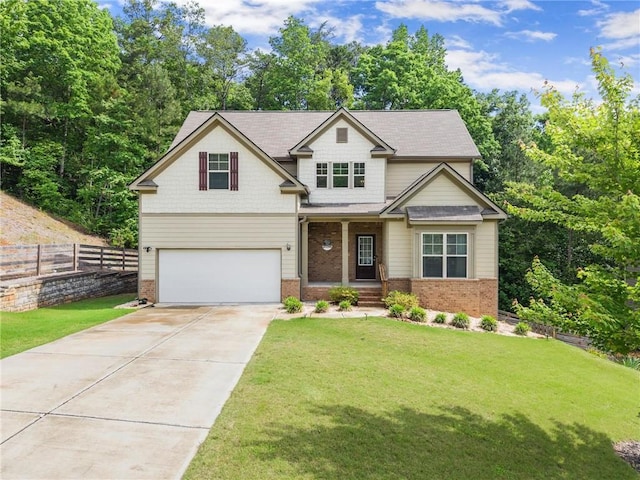 craftsman inspired home featuring brick siding, an attached garage, concrete driveway, and covered porch