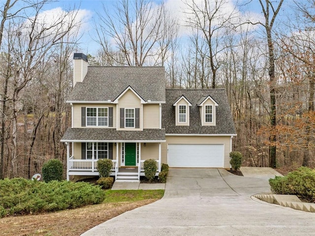 view of front of property featuring driveway, a porch, a chimney, a shingled roof, and a garage