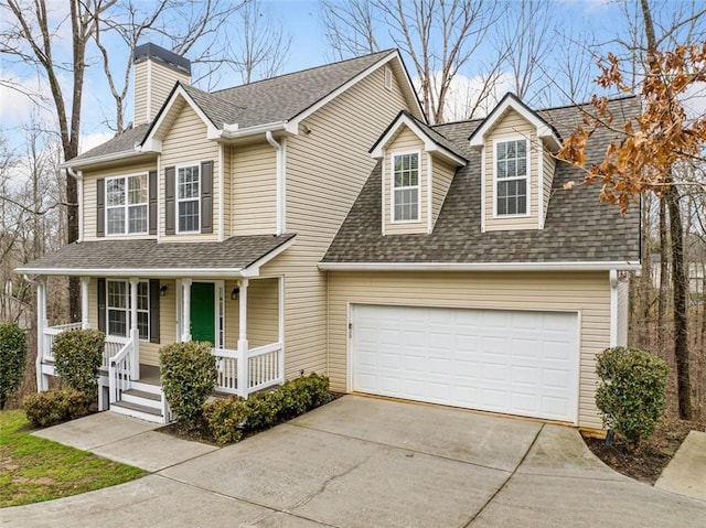 view of front of home with a garage, a porch, driveway, and roof with shingles