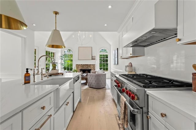 600 Delphinium Blvd NW, Acworth, GA 30102 - kitchen featuring stainless steel stove, custom exhaust hood, light wood-type flooring, a sink, and white cabinets