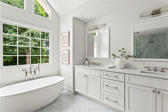 600 Delphinium Blvd NW, Acworth, GA 30102 - full bathroom featuring healthy amount of natural light, a marble finish shower, double vanity, a freestanding bath, and lofted ceiling