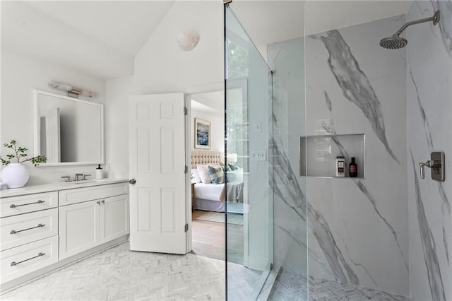 600 Delphinium Blvd NW, Acworth, GA 30102 - full bathroom with ensuite bathroom, a marble finish shower, vanity, and vaulted ceiling
