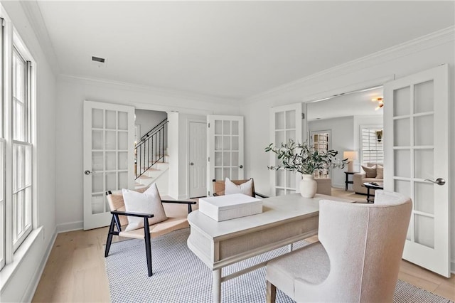600 Delphinium Blvd NW, Acworth, GA 30102 - office area with french doors, ornamental molding, light wood-type flooring, and baseboards