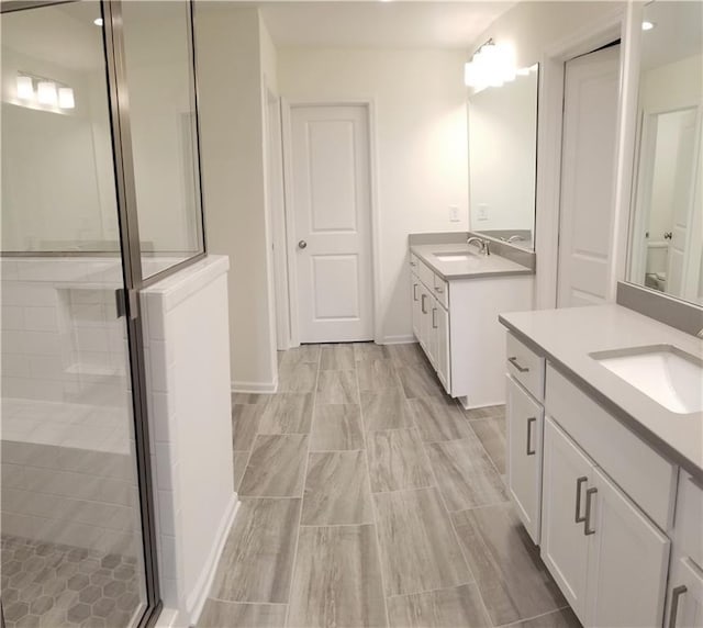 bathroom featuring vanity and a shower with shower door