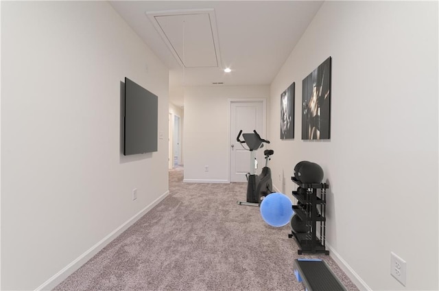 exercise room featuring light carpet