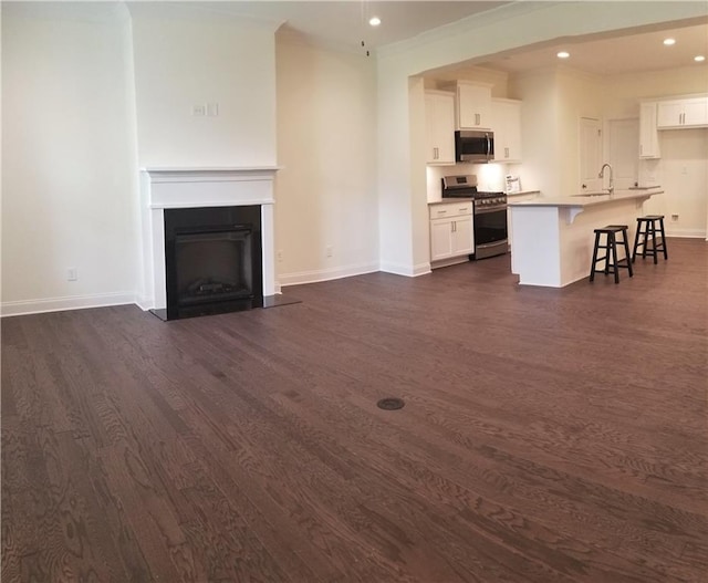 unfurnished living room with sink and dark hardwood / wood-style floors