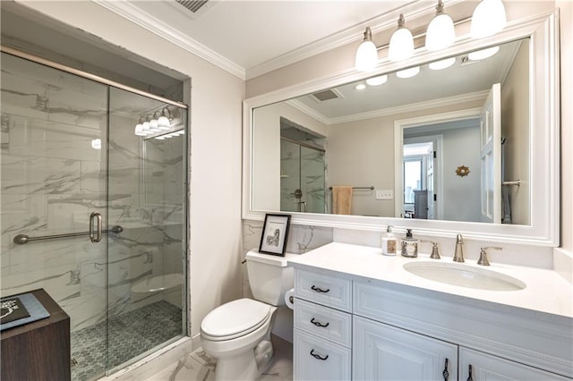 full bathroom featuring marble finish floor, a marble finish shower, visible vents, toilet, and ornamental molding