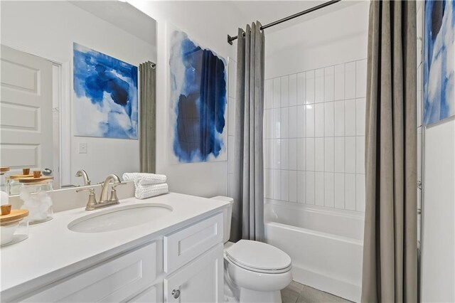 full bathroom featuring shower / bath combo, tile patterned flooring, vanity, and toilet